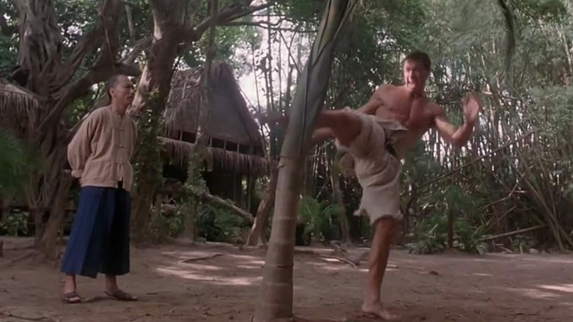 Muay thai fighter conditioning shin on Bamboo tree.