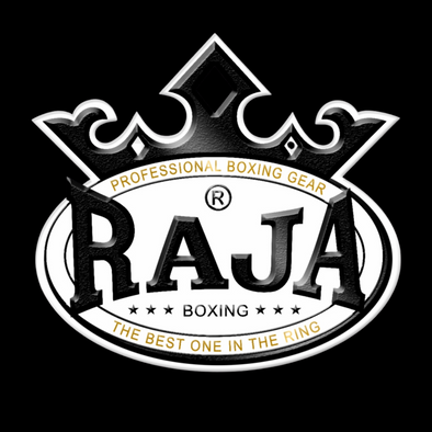 RAJA Muay Thai gear display – gloves, shorts, and shin guards handmade in Thailand