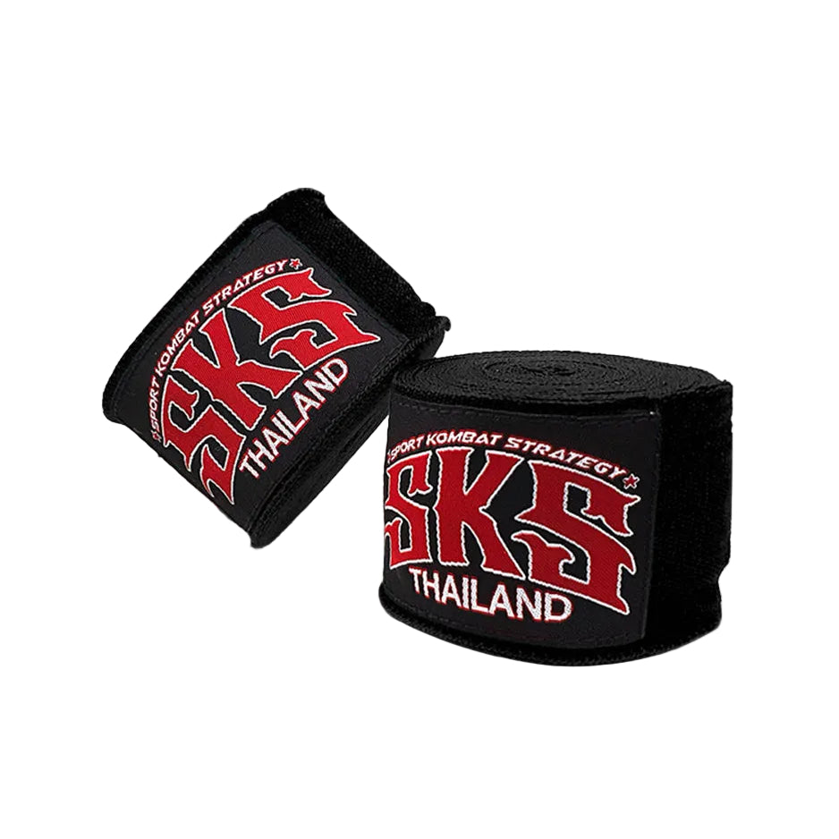 Two pairs of SKS Thailand boxing hand wraps on a gray background
