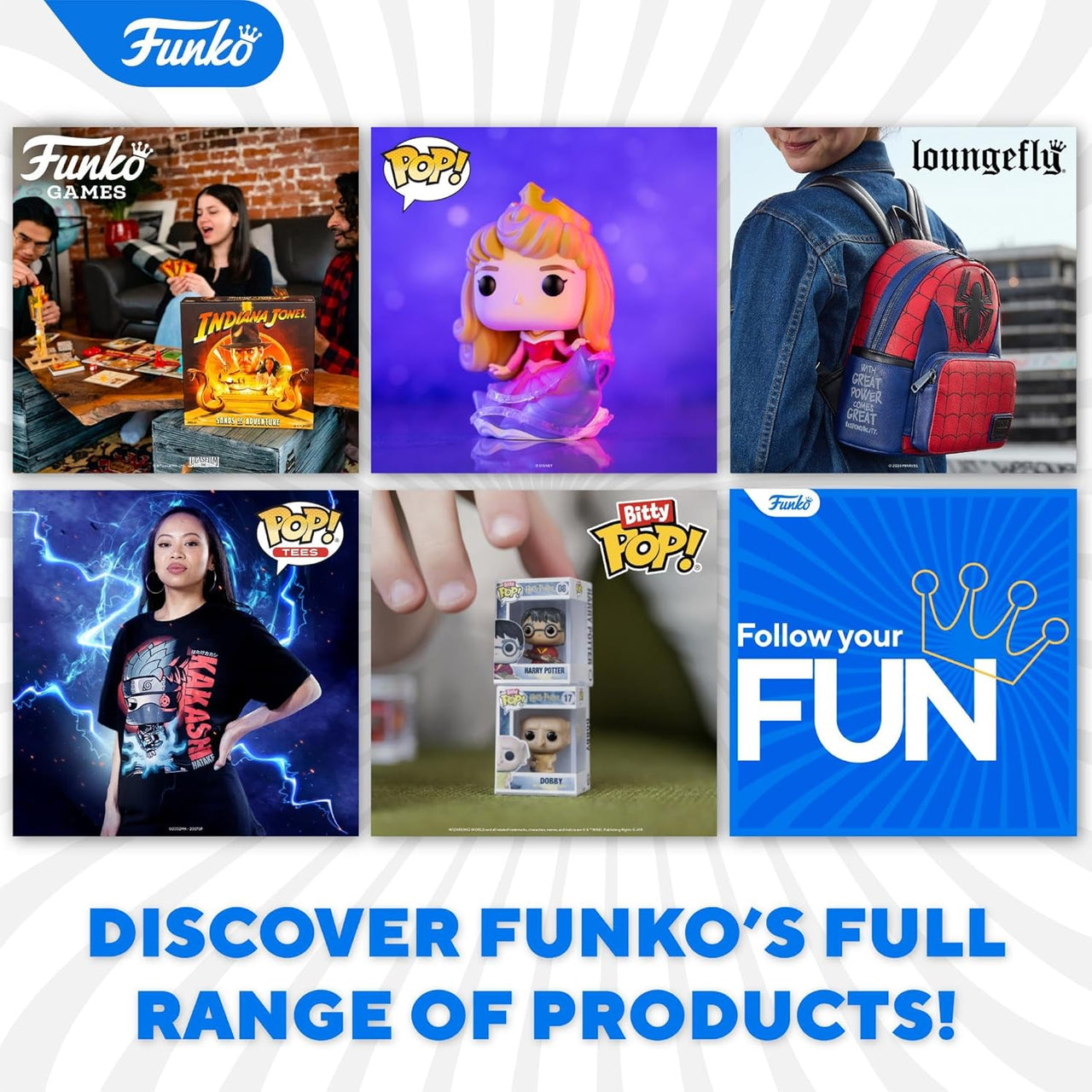 Promotional image of Funko products including figures, merchandise, and a backpack with promotional text.