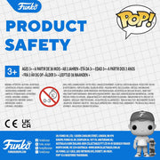 Funko Pop! product safety information card with a character in a cap and shirt on a grid background.