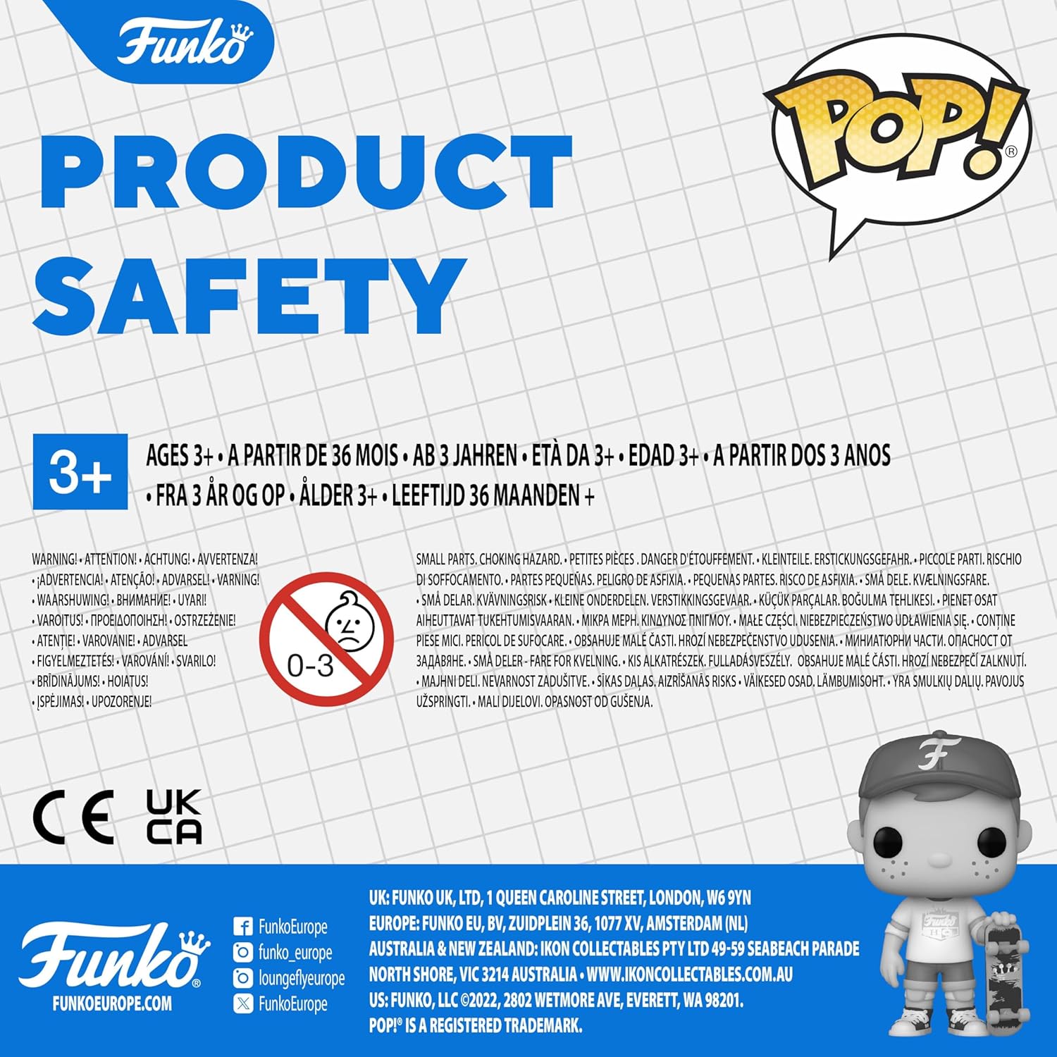 Funko Pop! product safety information card with a character in a cap and shirt on a grid background.