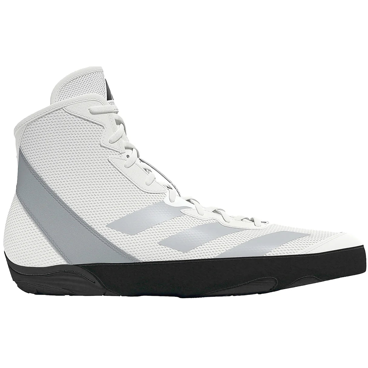White athletic shoe with black sole on a white background