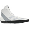 White athletic shoe with black sole on a white background