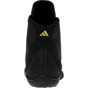 Black athletic shoe with a yellow logo on a white background