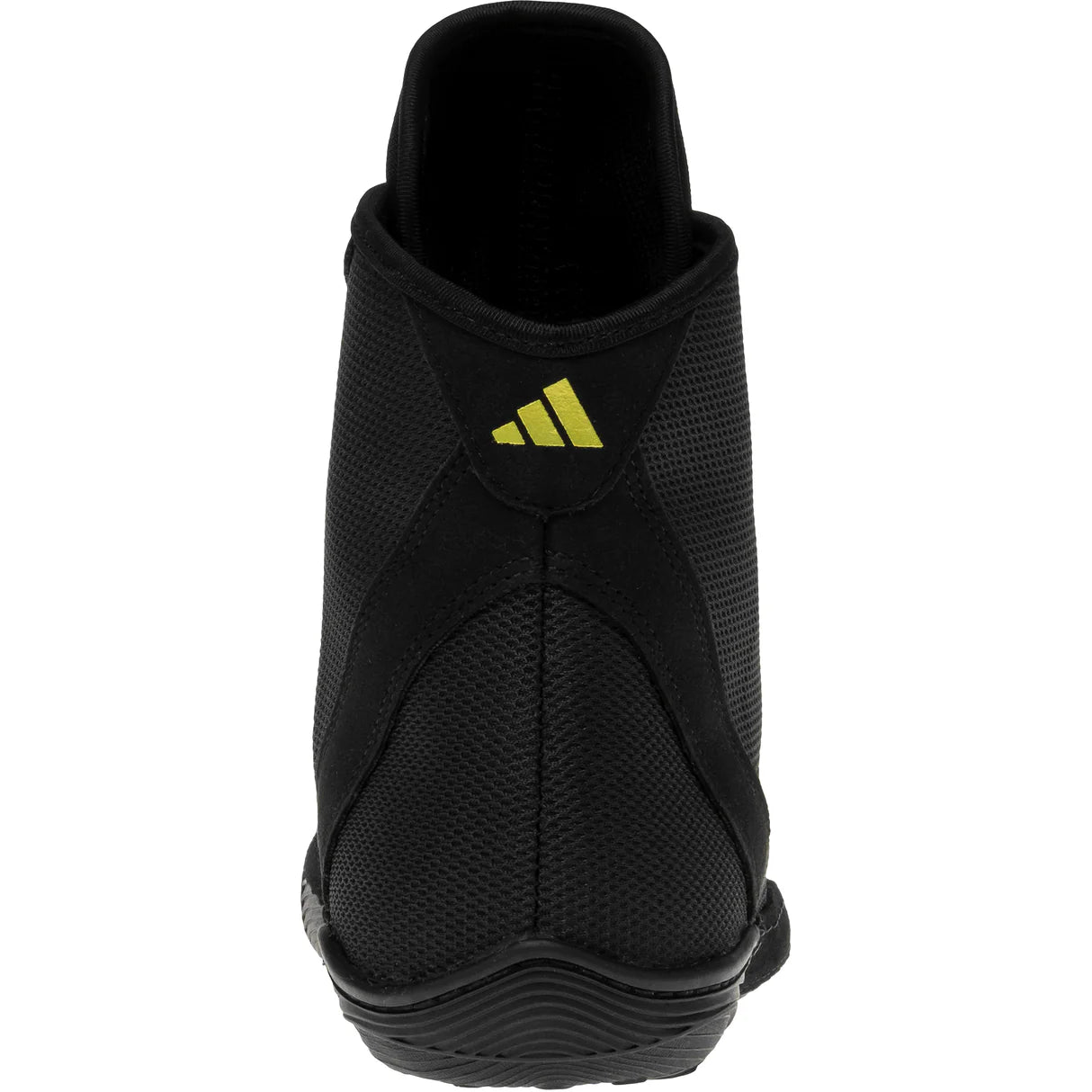 Black athletic shoe with a yellow logo on a white background