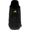 Black athletic shoe with a yellow logo on a white background