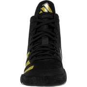 Black high-top sneaker with yellow accents on a white background