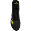Black high-top sneaker with yellow stripes on a white background
