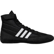 Black Adidas boxing shoe with white stripes on a white background