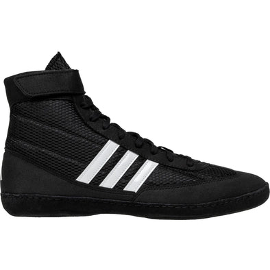 Black Adidas boxing shoe with white stripes on a white background