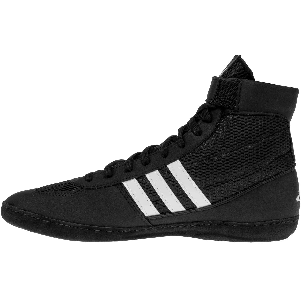Black high-top sneaker with white stripes on a white background
