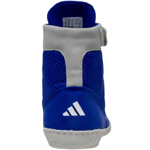 Blue and gray Adidas shoe on a white background