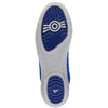 Close-up of a shoe sole with blue and gray design on a white background