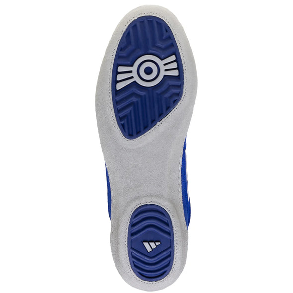 Close-up of a shoe sole with blue and gray design on a white background