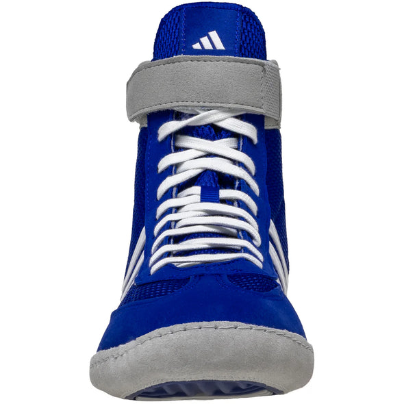 Blue Adidas wrestling shoe with white laces on a white background