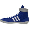 Blue Adidas sneaker with white stripes on a white background