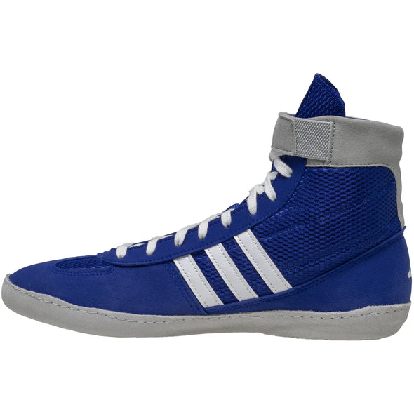 Blue Adidas sneaker with white stripes on a white background