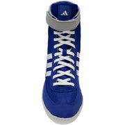 Blue Adidas shoe with white laces on a white background
