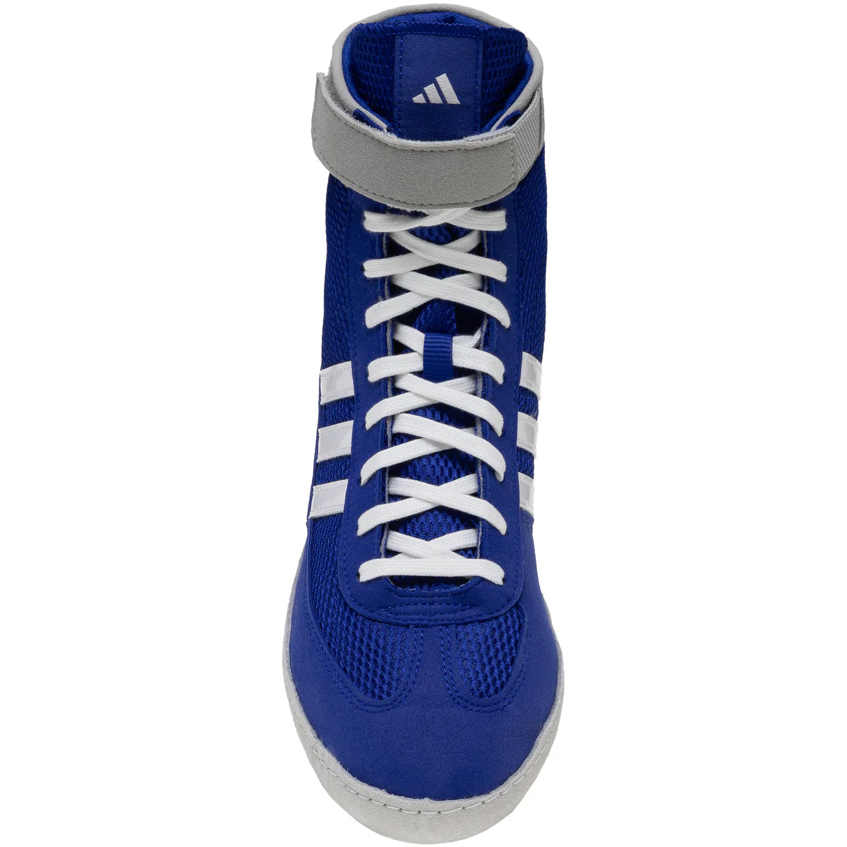 Blue Adidas shoe with white laces on a white background