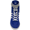 Blue Adidas shoe with white laces on a white background