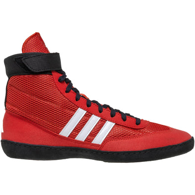 Red athletic shoe with black accents and white stripes on a white background