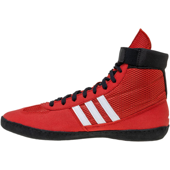 Red athletic shoe with black accents and white stripes on a white background