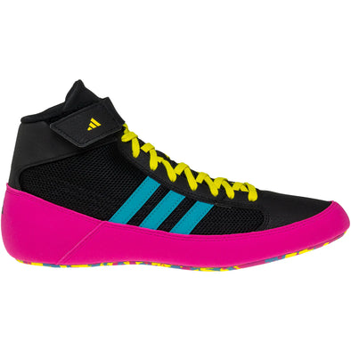 Black and pink athletic shoe with blue stripes and yellow laces on a white background