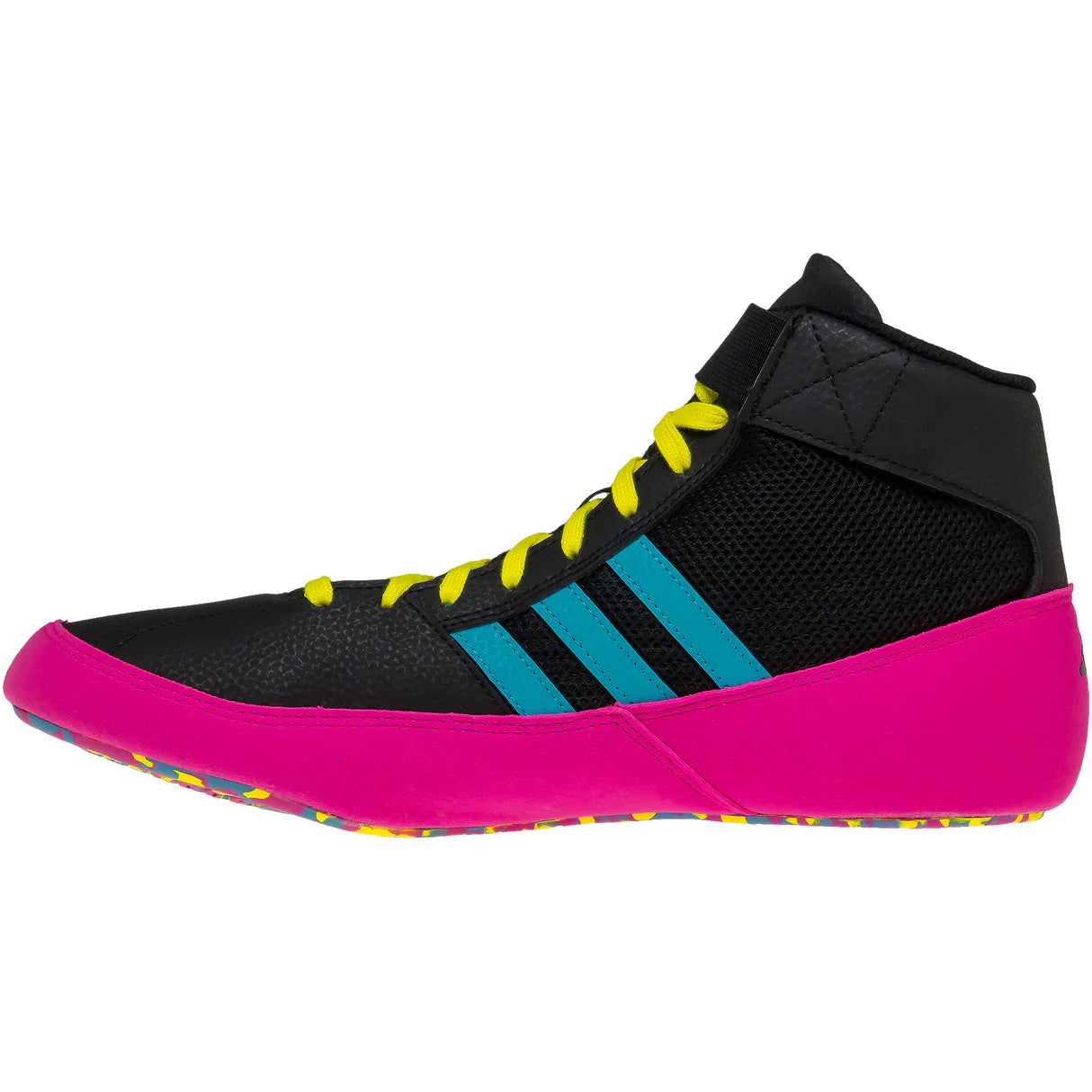Black high-top sneaker with pink sole and blue stripes on a white background
