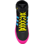 Black high-top sneaker with yellow laces and pink sole on a white background