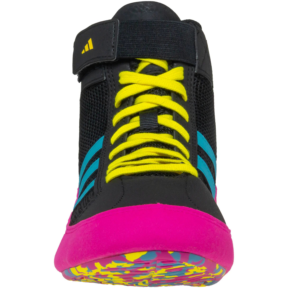 Black Adidas athletic shoe with yellow laces and colorful sole on a white background