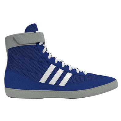 Blue high-top sneaker with white stripes on a light gray background