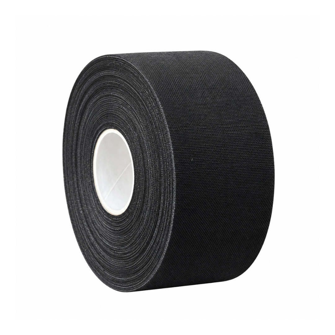 A roll of black athletic tape with a textured fabric surface, wound around a white cardboard core, shown against a plain white background.