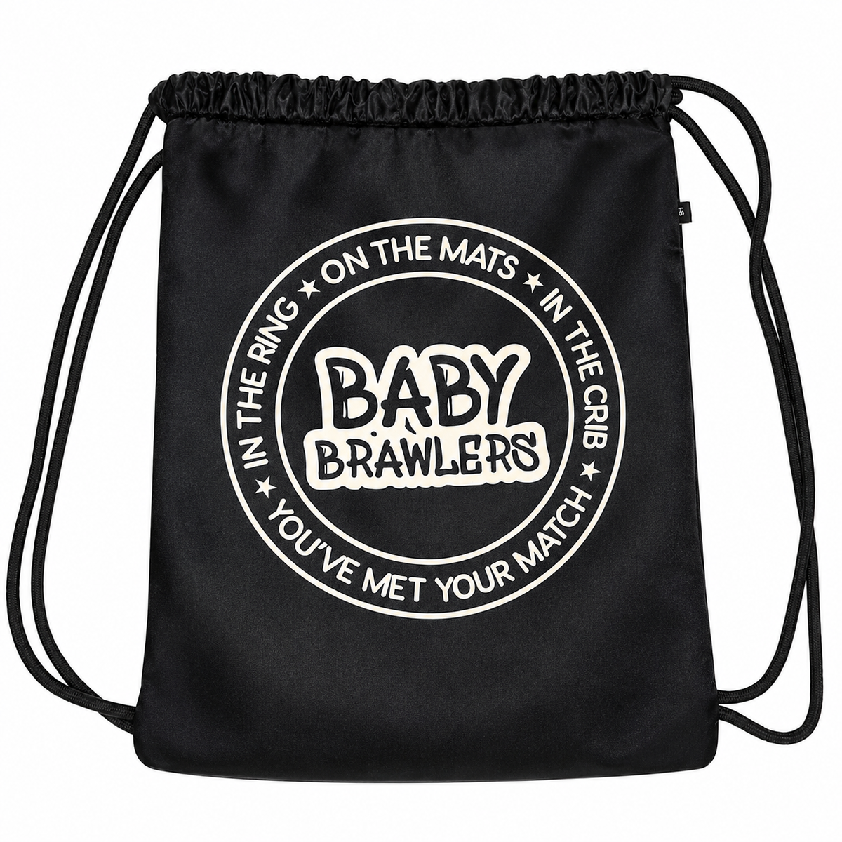 A black drawstring bag with a white circular graphic on the front that reads 'BABY BRAWLERS' and surrounding text, shown on a plain white background.