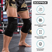 A person wearing black BODYPROX knee sleeves in a boxing ring, with a product feature panel on the right listing thick EVA foam, breathable woven sleeves, slip-on design with silicone grip, and tactical grid protection.