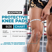 BodyProx protective knee pads size chart graphic showing a person's thigh with a measuring tape around it, with text listing size ranges for small/medium and large.