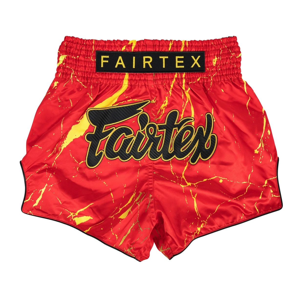 Red and yellow boxing shorts with Fairtex logo on a white background