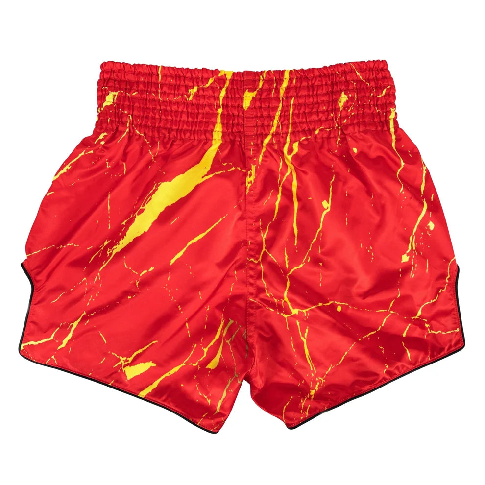 Red athletic shorts with a yellow marble-like pattern and black piping along the edges, shown flat against a white background.