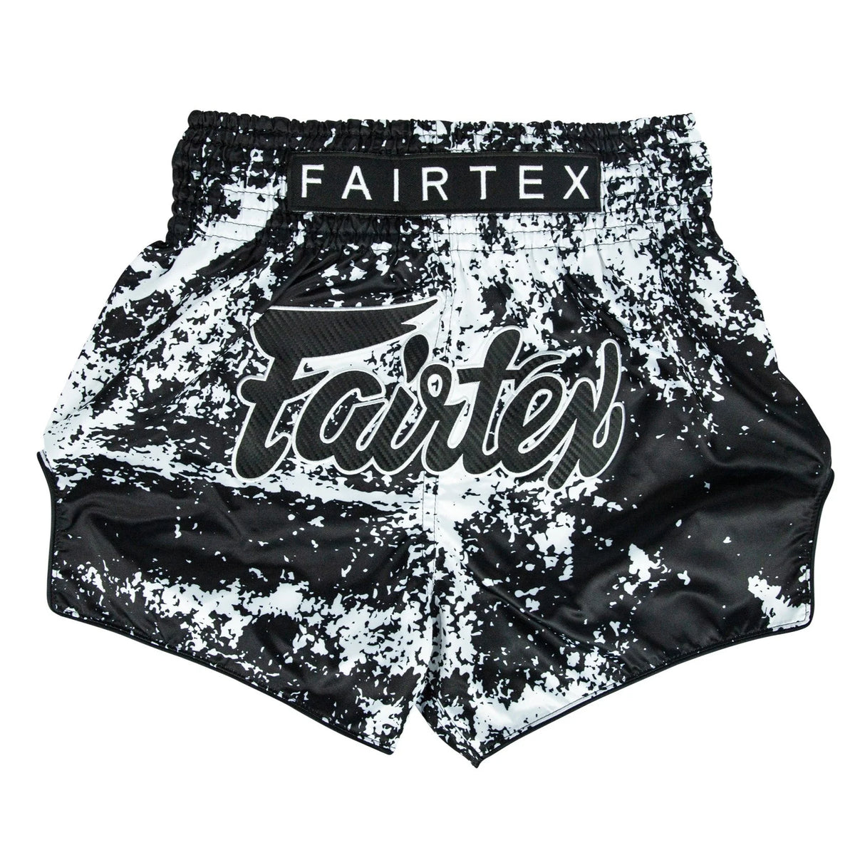Black and white patterned Fairtex shorts on a white background
