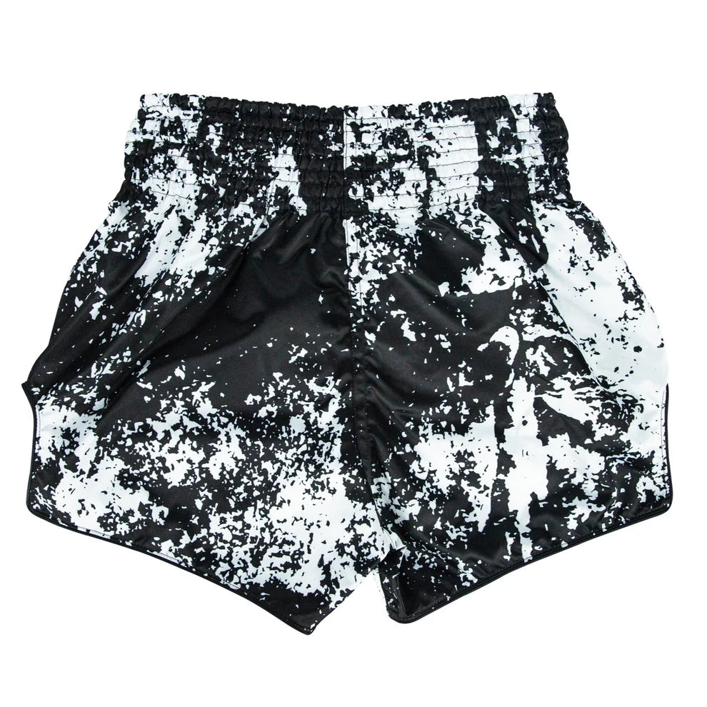 Black and white patterned shorts on a white background