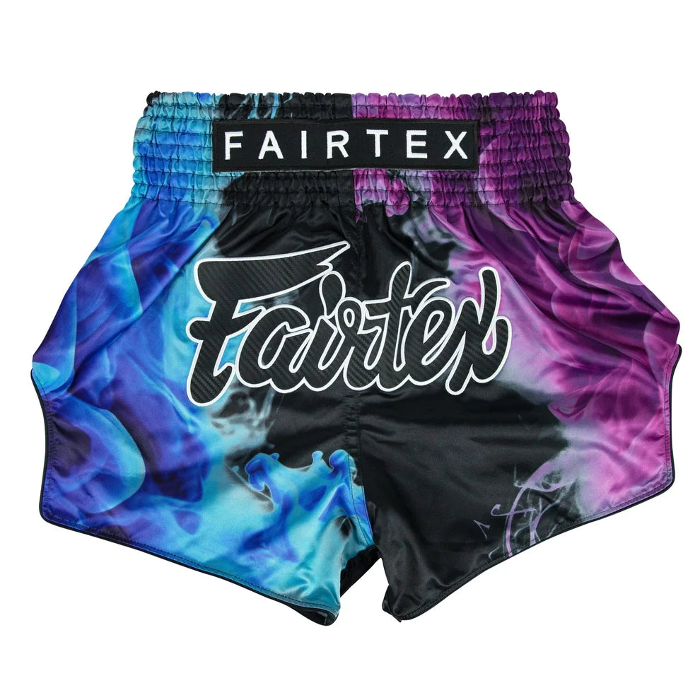 Multicolored boxing shorts with Fairtex branding on a white background
