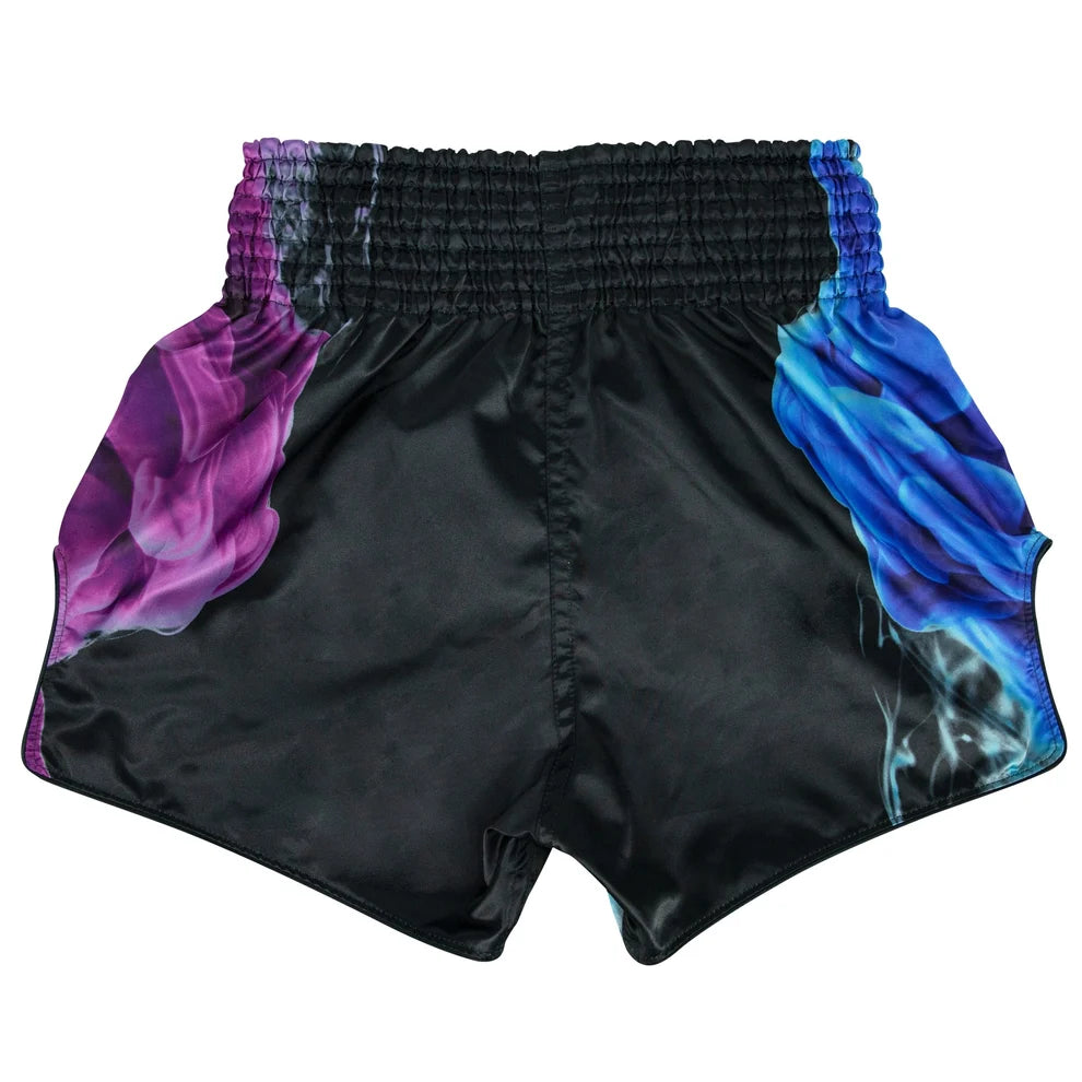Black shorts with purple and blue flame design on a white background