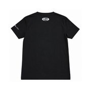 A black short-sleeve t-shirt shown from the back, featuring a small white oval logo centered below the collar and white text printed on the left sleeve, displayed against a solid white background.