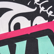 Close-up of a colorful graphic design with text on a black background