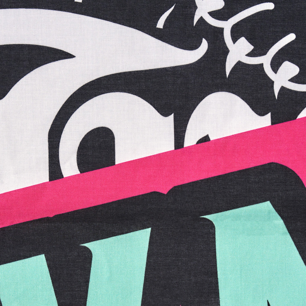 Close-up of a colorful graphic design with text on a black background