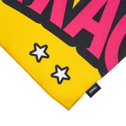 Colorful fabric with stars and a brand logo on a white background