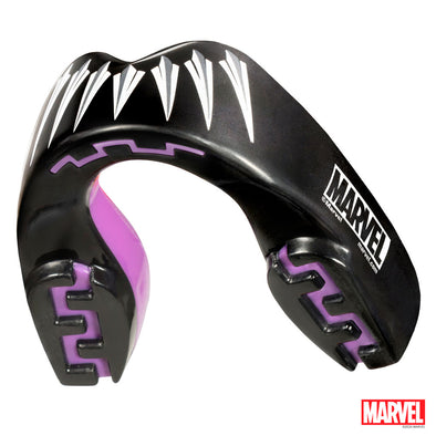 Black and purple mouthguard with Marvel logo on a white background