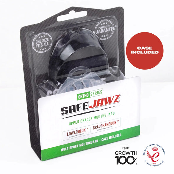 SafeJawz mouthguard packaging with visible branding on a white background