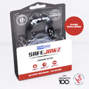 SafeJawz mouthguard packaging with clear mouthguard inside, on a white background.