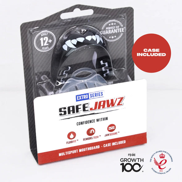 SafeJawz mouthguard packaging with clear mouthguard inside, on a white background.